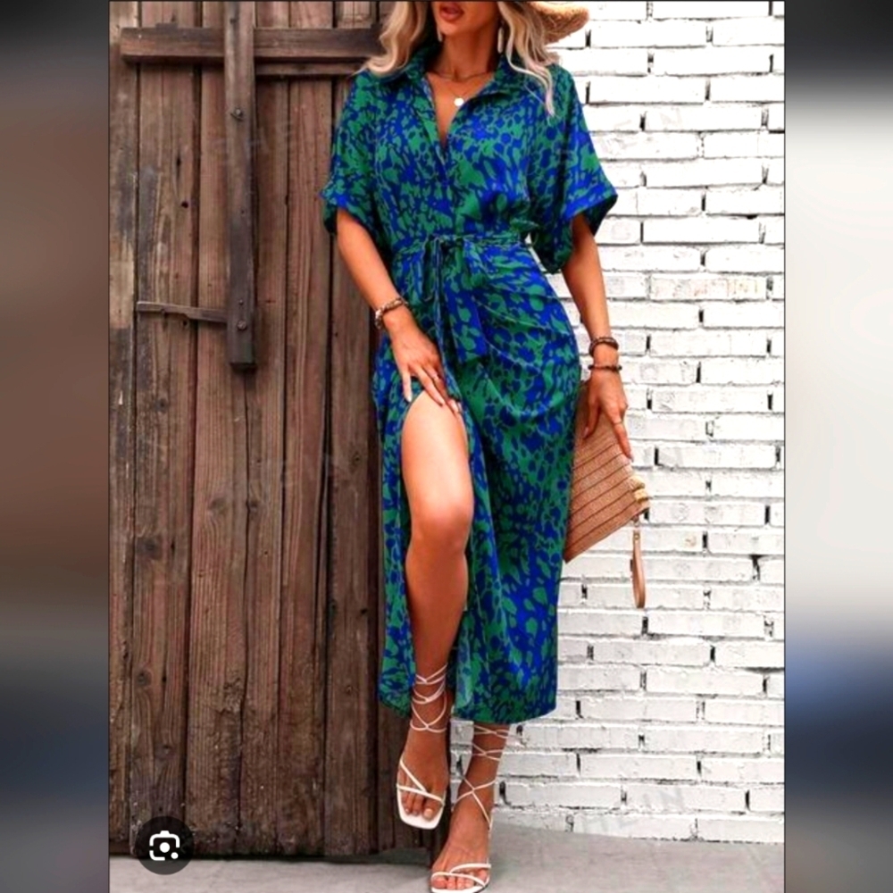 Blue and Green Patterned Dress...button Up Front Dress...SIZE:L
